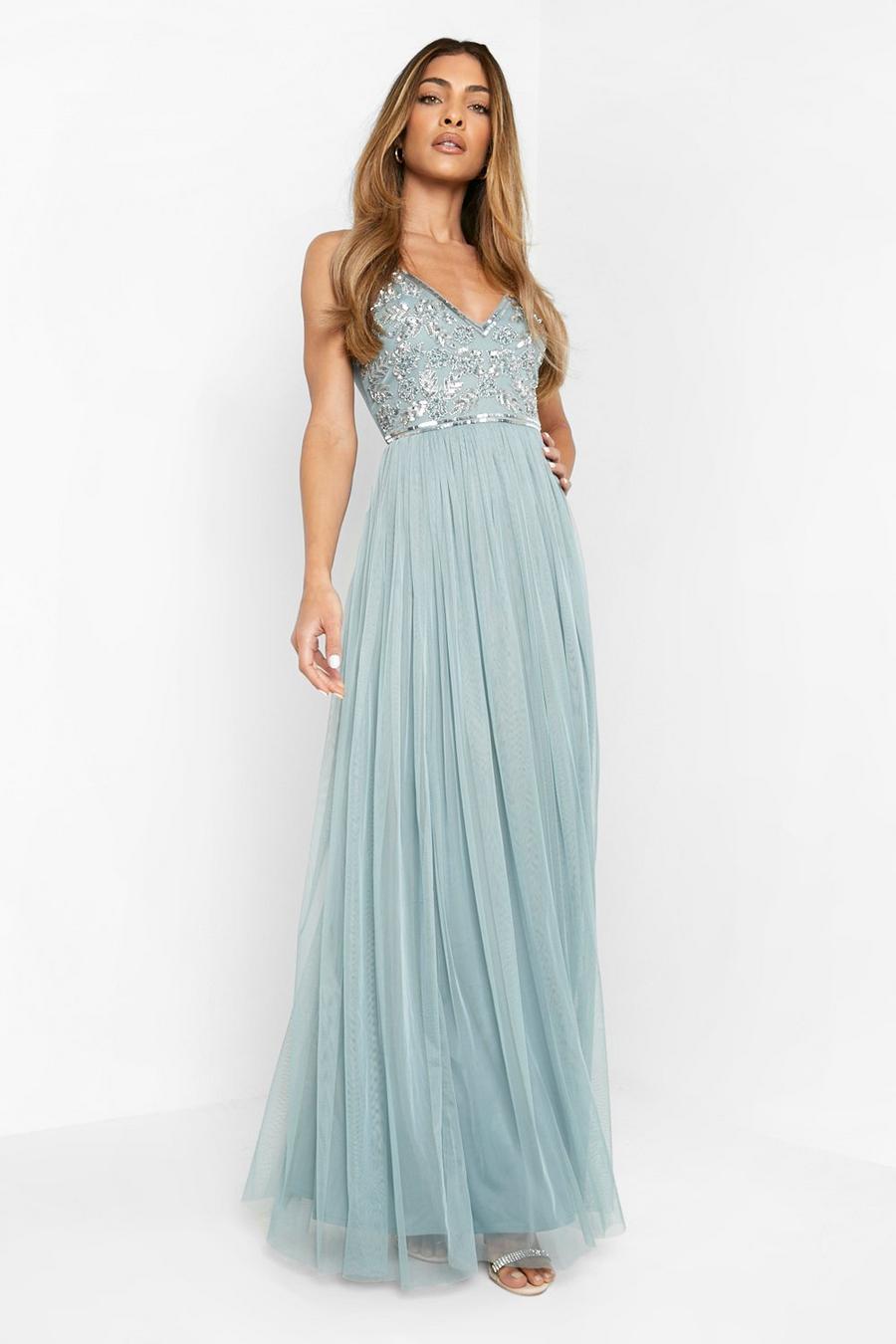 Blue Bridesmaid Hand Embellished Strappy Maxi
