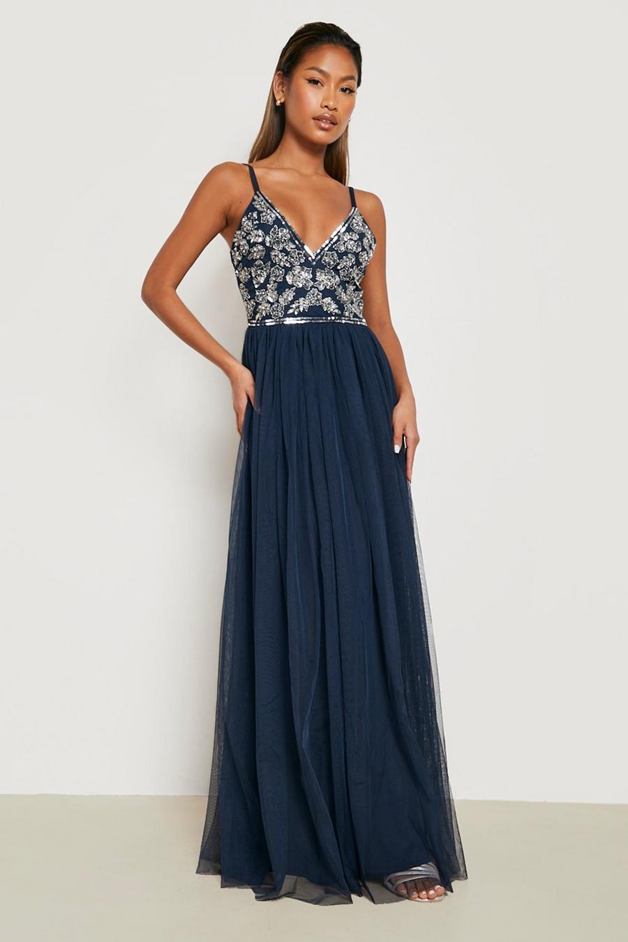 Navy Bridesmaid Hand Embellished Strappy Maxi