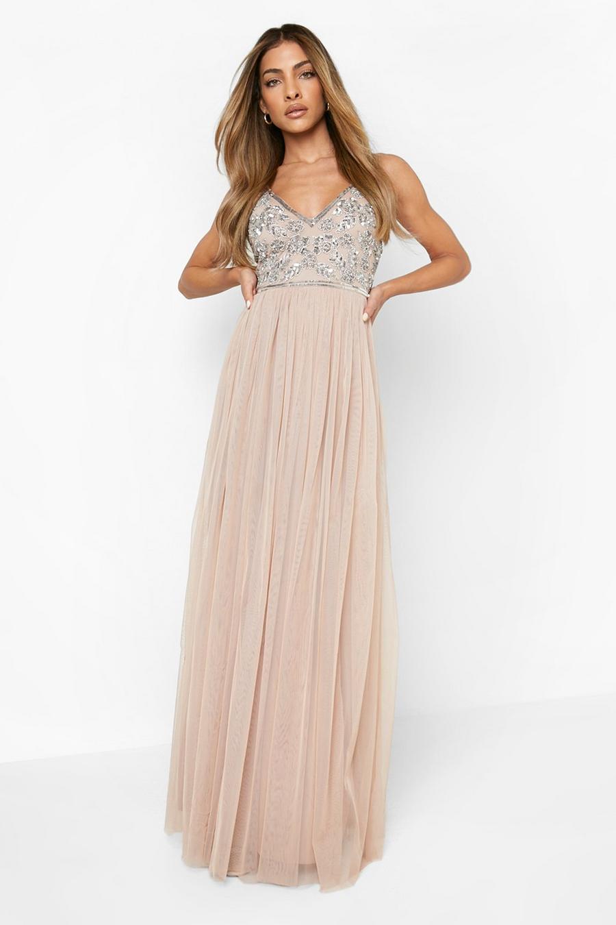 Nude Bridesmaid Hand Embellished Strappy Maxi