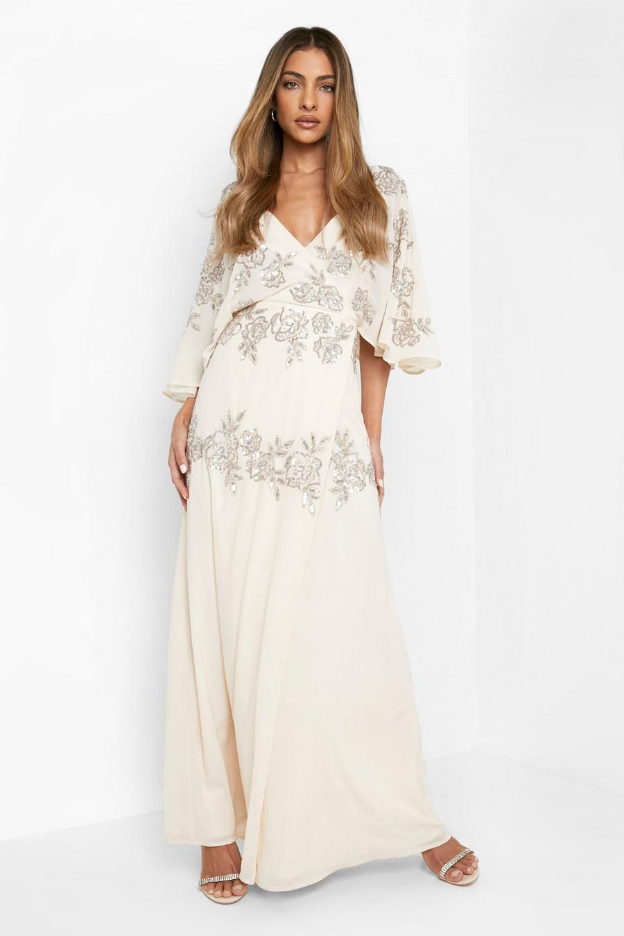Ivory white Bridesmaid Hand Embellished Wrap Maxi Dress image number 1