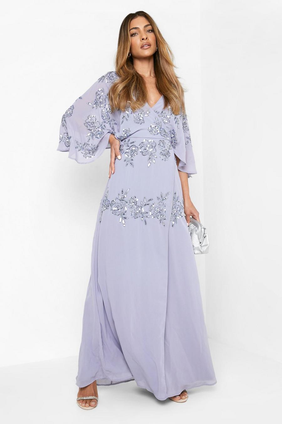 Slate blue Bridesmaid Hand Embellished Wrap Maxi Dress