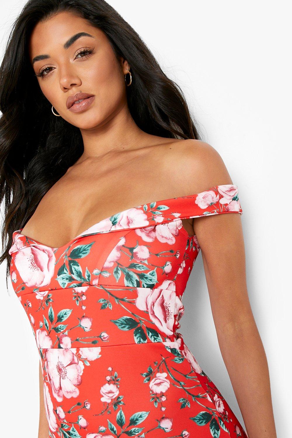 Red off the store shoulder floral dress