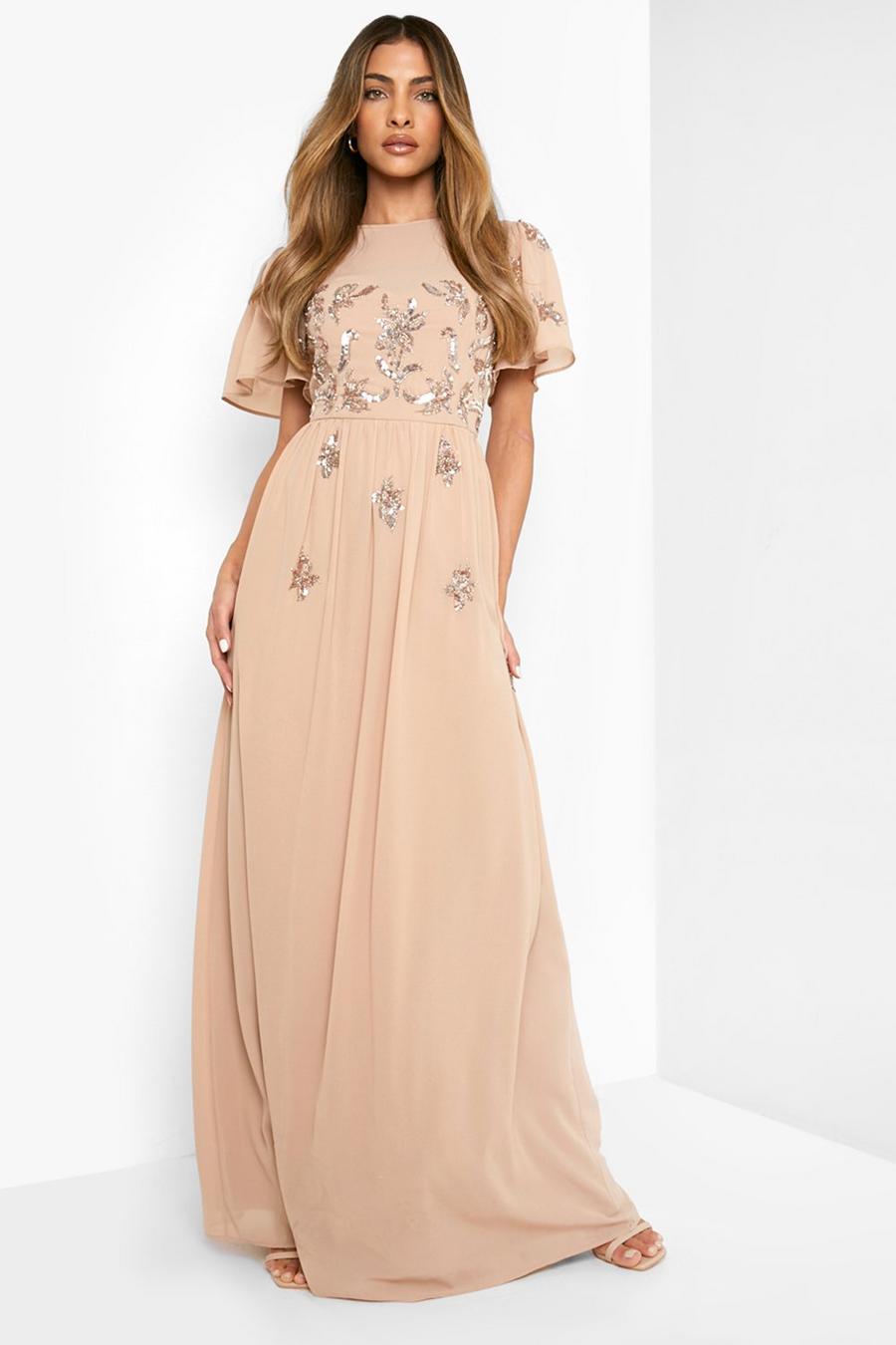 Nude Bridesmaid Hand Embellished Flute Sleeve Maxi image number 1