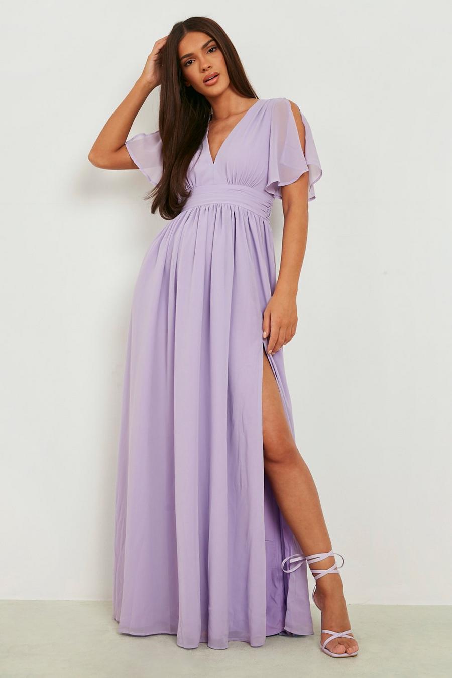 Lilac שמלת שיפון מקסי עם כיווצים ומחשוף עמוק image number 1