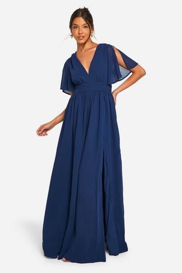 Navy Chiffon Plunge Rouched Maxi Dress