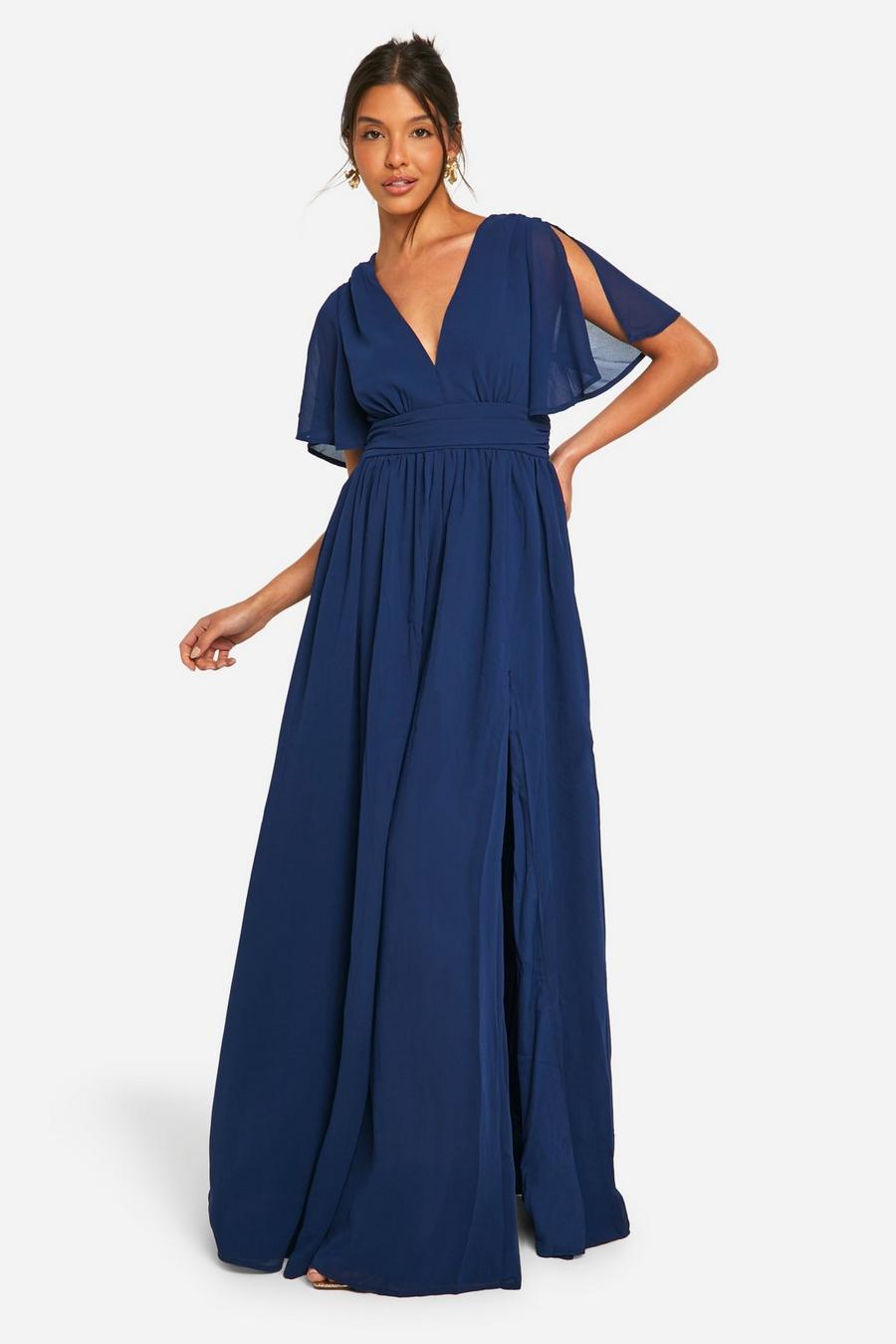 Navy Chiffon Plunge Rouched Maxi Dress image number 1