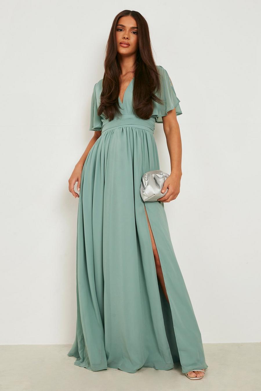 Sage Chiffon Plunge Rouched Maxi Dress Hoodie image number 1