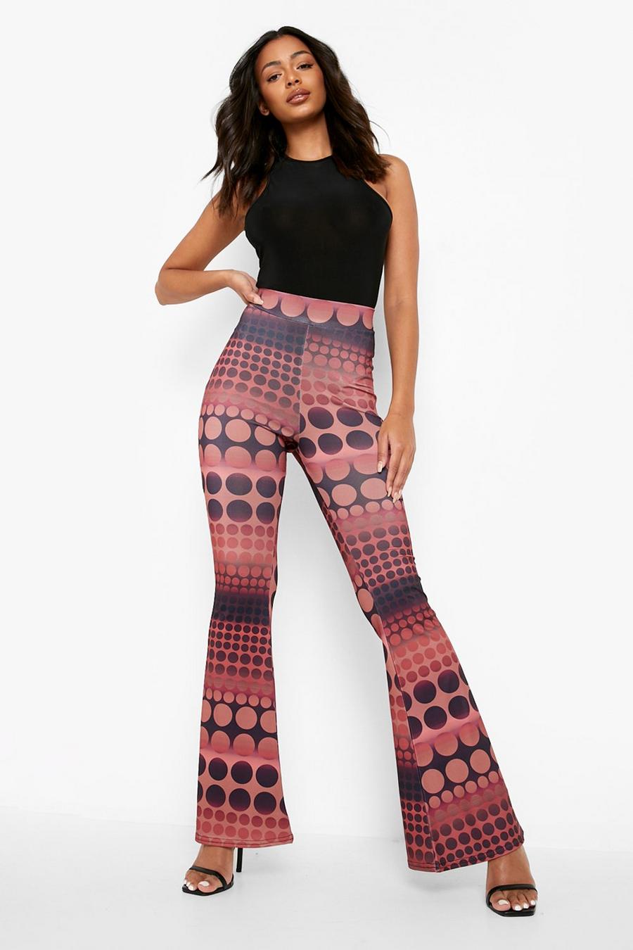 Mocha Circle Print Slinky Flared Trousers image number 1