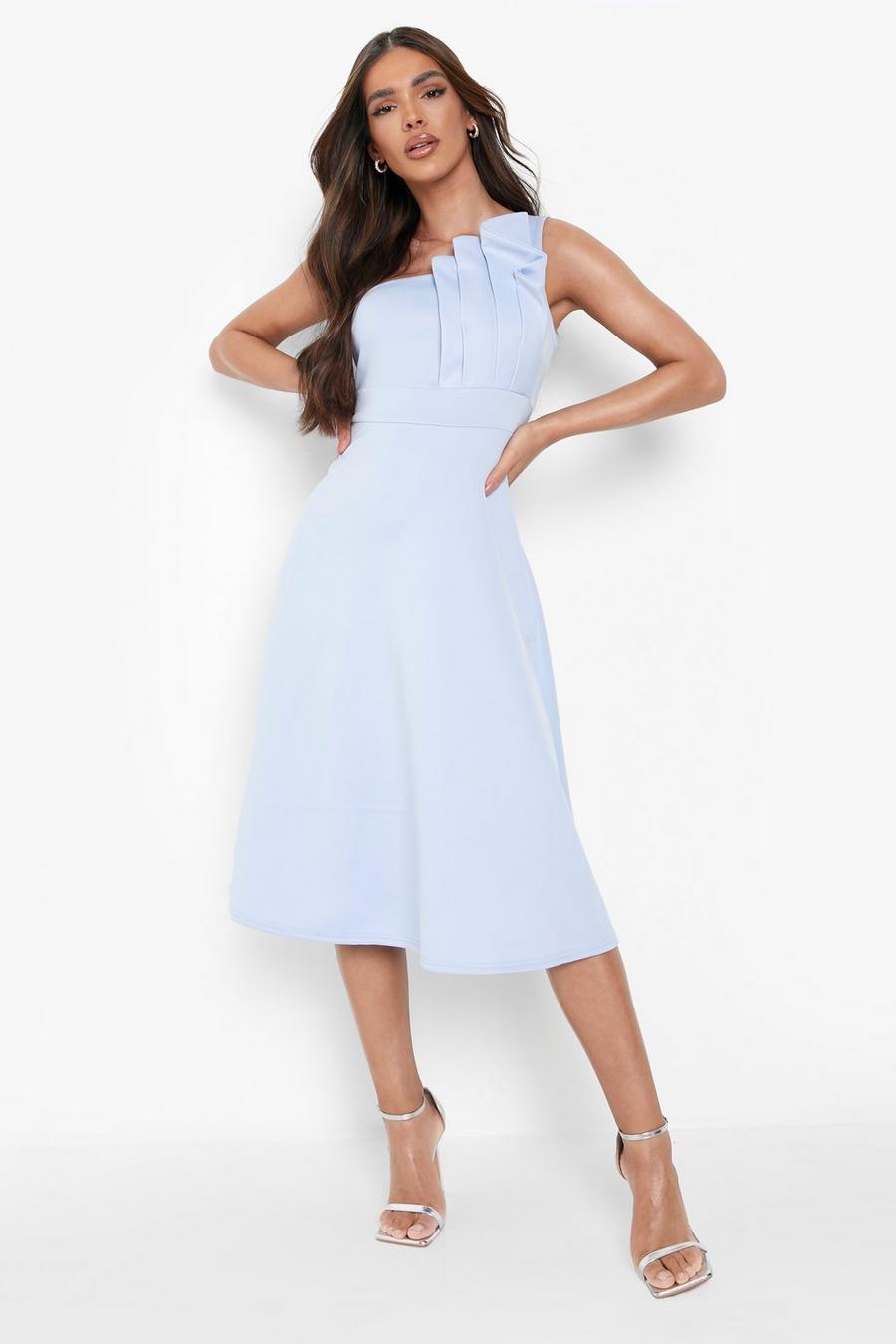 Pastel blue One Shoulder Pleated Detail Midi Skater Dress image number 1