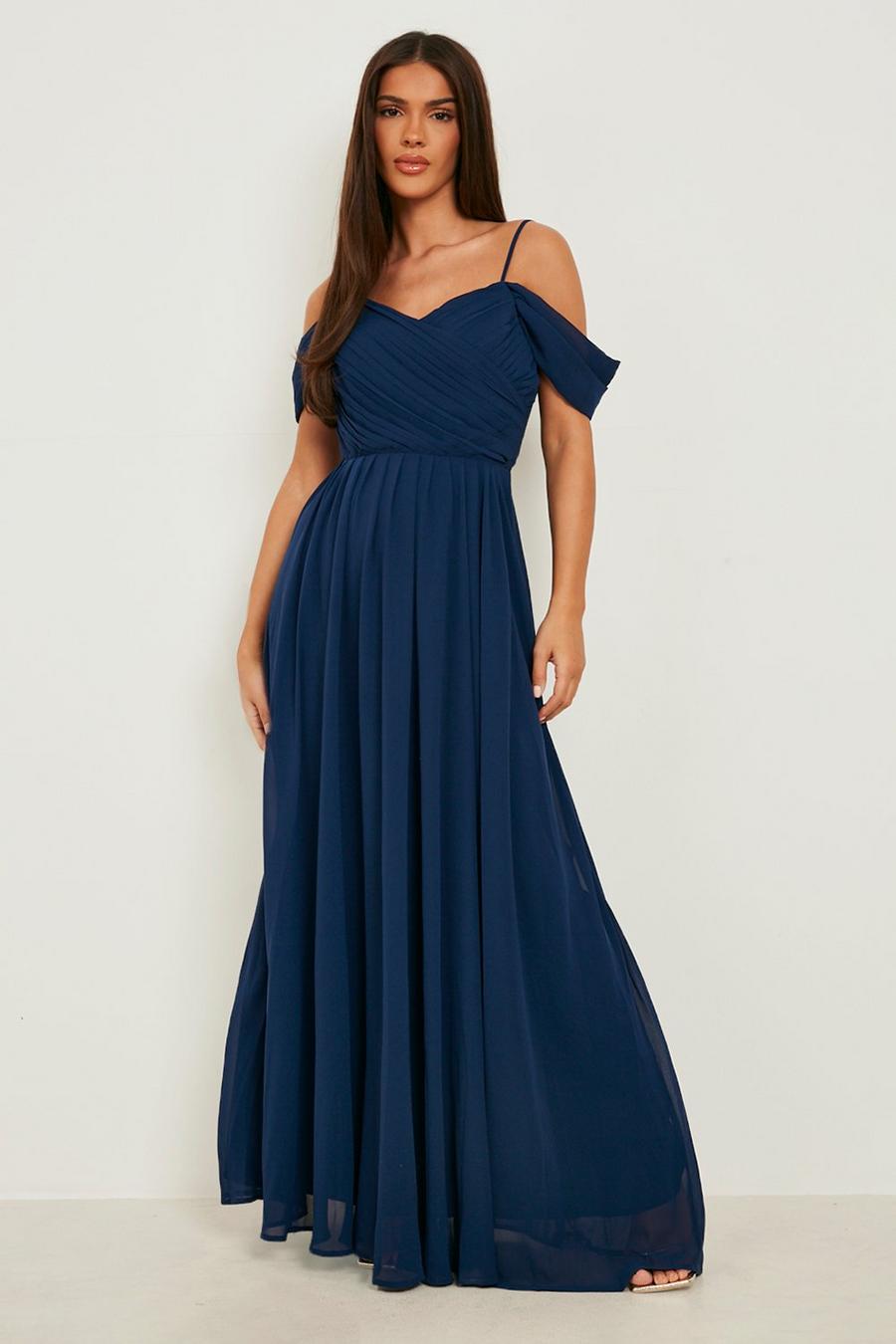 Navy Pleated Cold Shoulder Maxi Dress