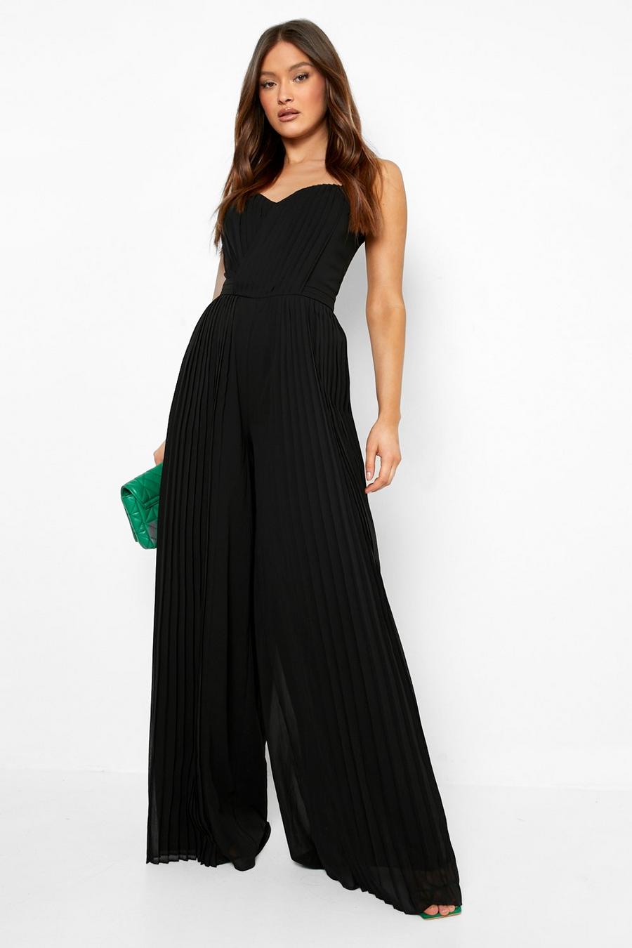 Black Pleated Strappy Wide Leg Jumpsuit