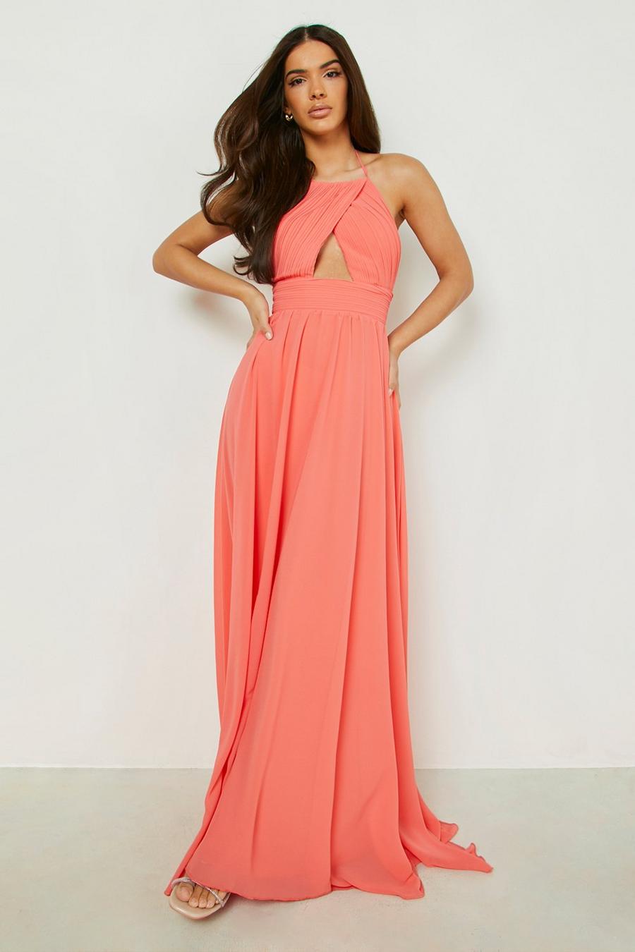 Coral pink Pleated Halterneck Maxi Dress