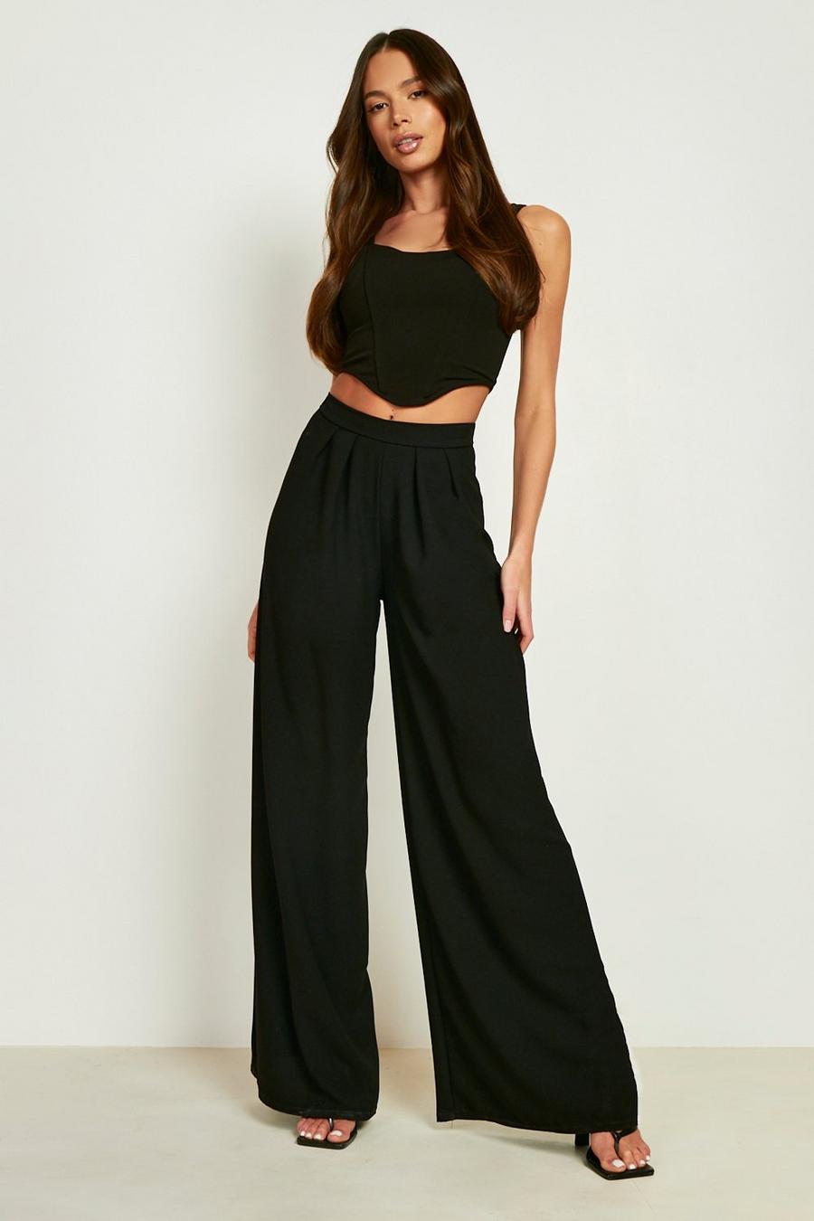 Black High Waisted Crepe Wide Leg Trousers image number 1