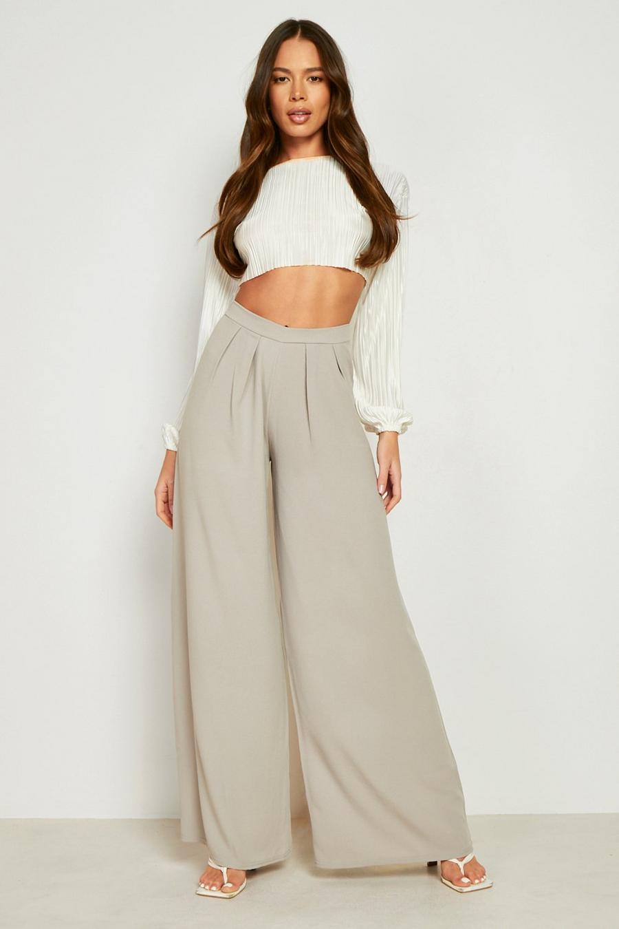 Grey High Waisted Crepe Wide Leg Trousers image number 1