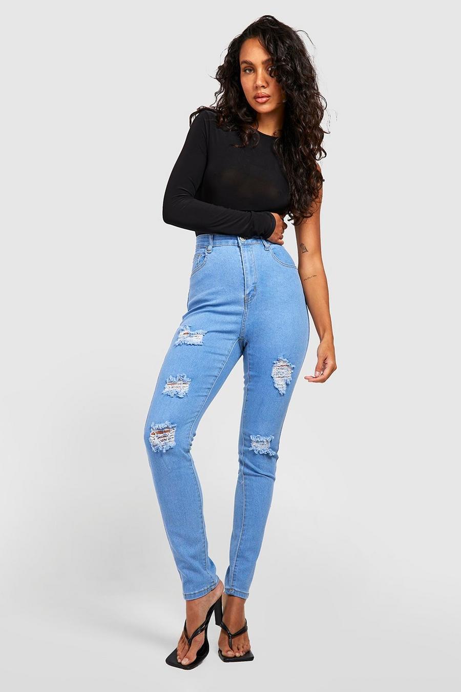 Light blue azul Basics High Waisted Ripped Skinny Jeans image number 1