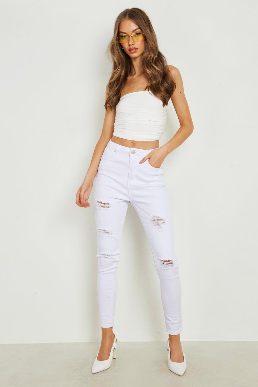 White Basics High Waisted Ripped Skinny Jeans image number 1