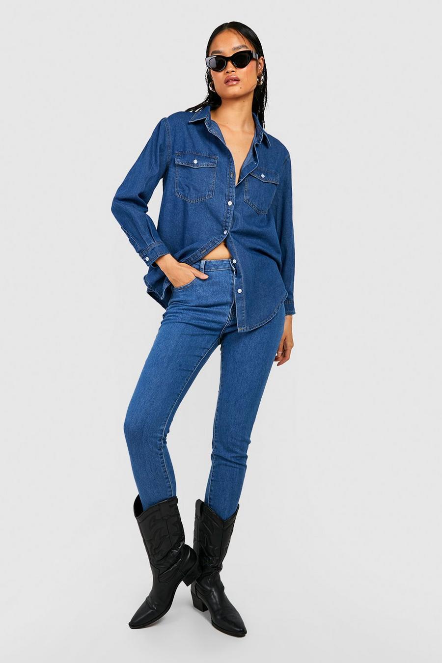 Jeans Basics Skinny Fit a vita alta con fondo sfilacciato, Mid blue azzurro