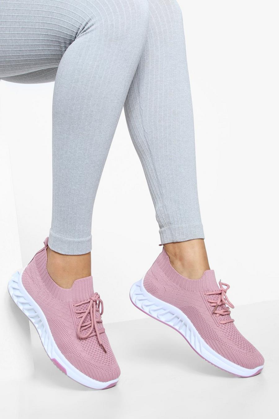 Pink Lace Up Knitted Sock Sneakers image number 1