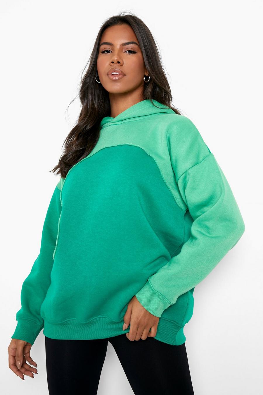 Green Oversized Color Block Seam Hoodie image number 1