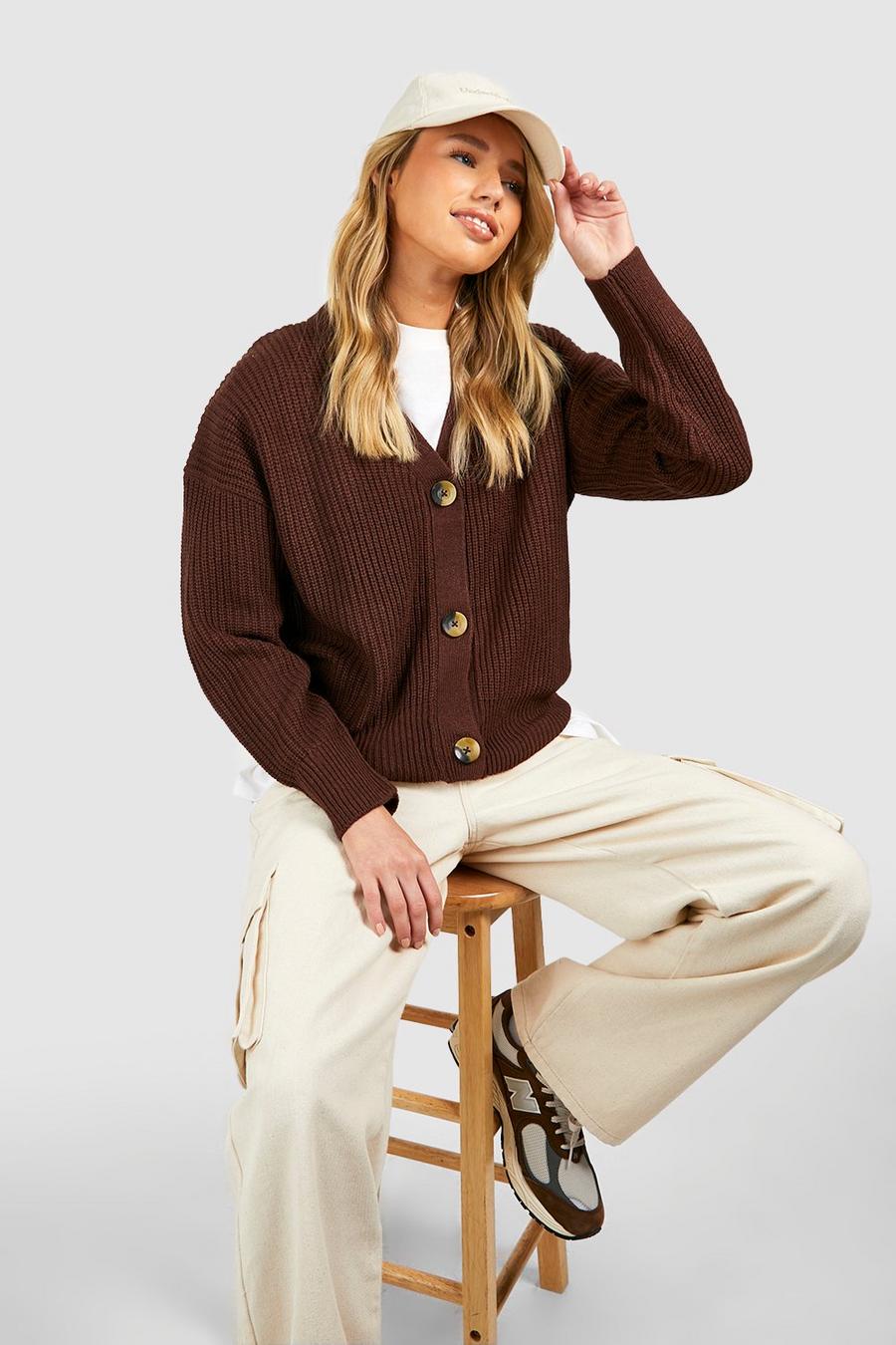 Chocolate Basic Button Through Cropped Cardigan image number 1