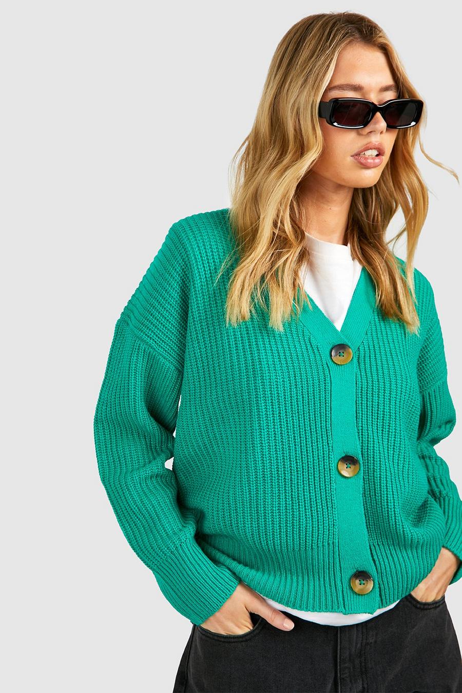 Green Basic Button Through Cropped Cardigan