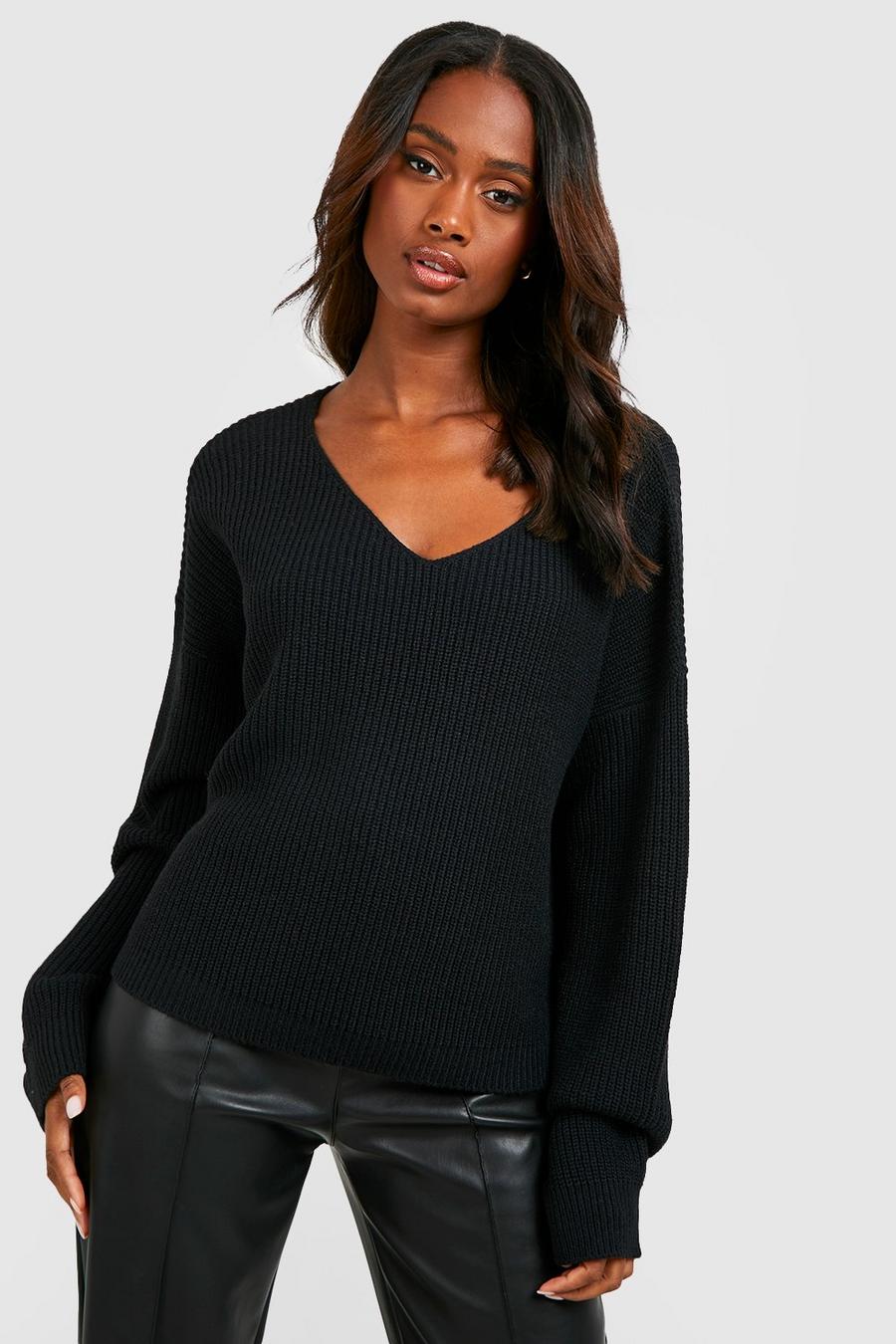 Black Basic Crop V Neck Sweater