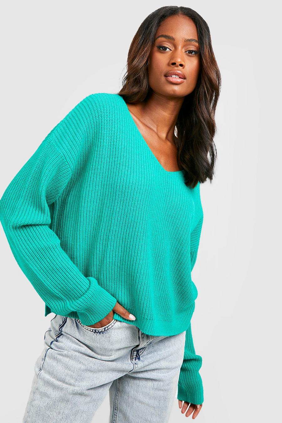 Green Basic Crop V Neck Sweater