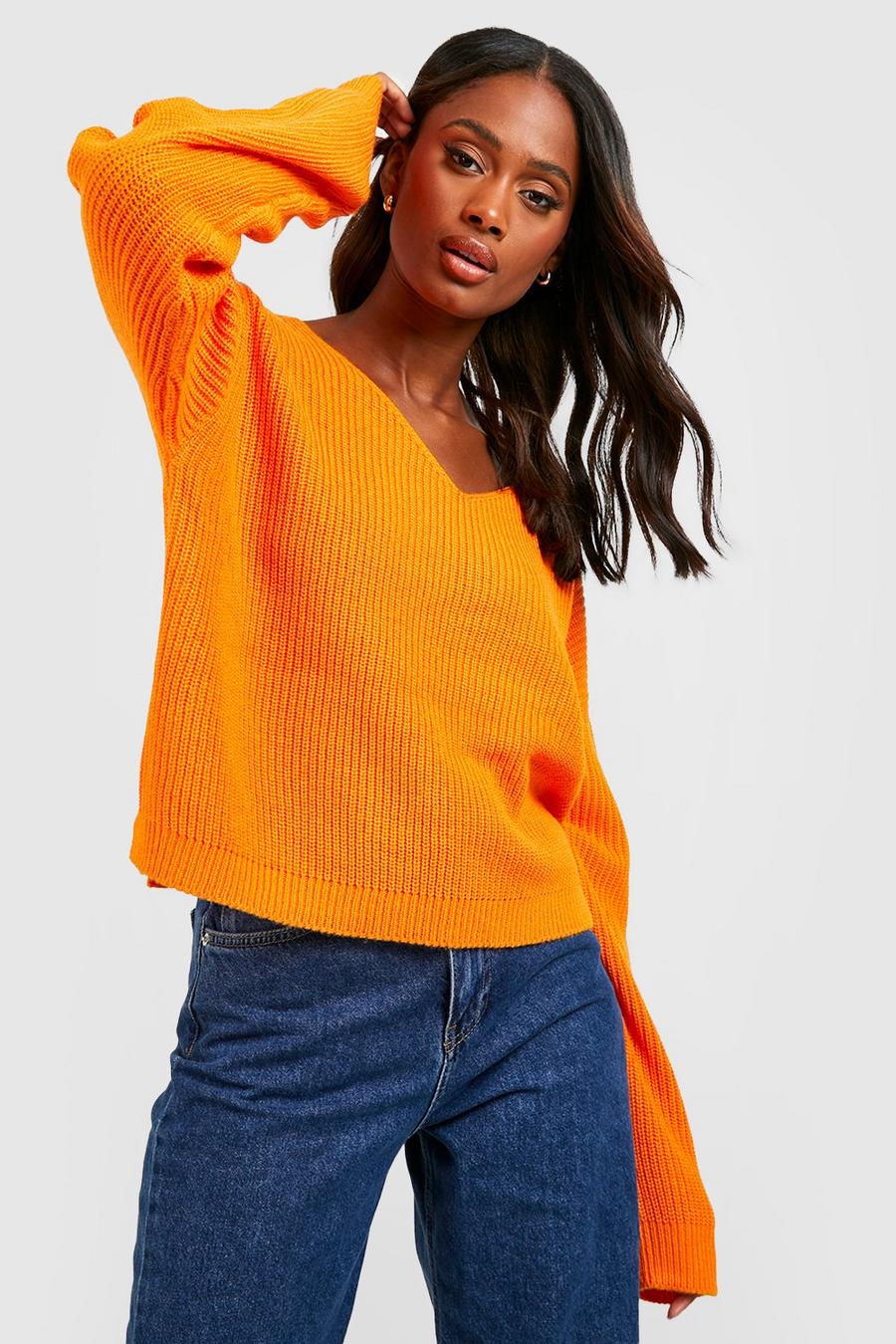 Orange Basic Kort stickad tröja med V-ringning image number 1
