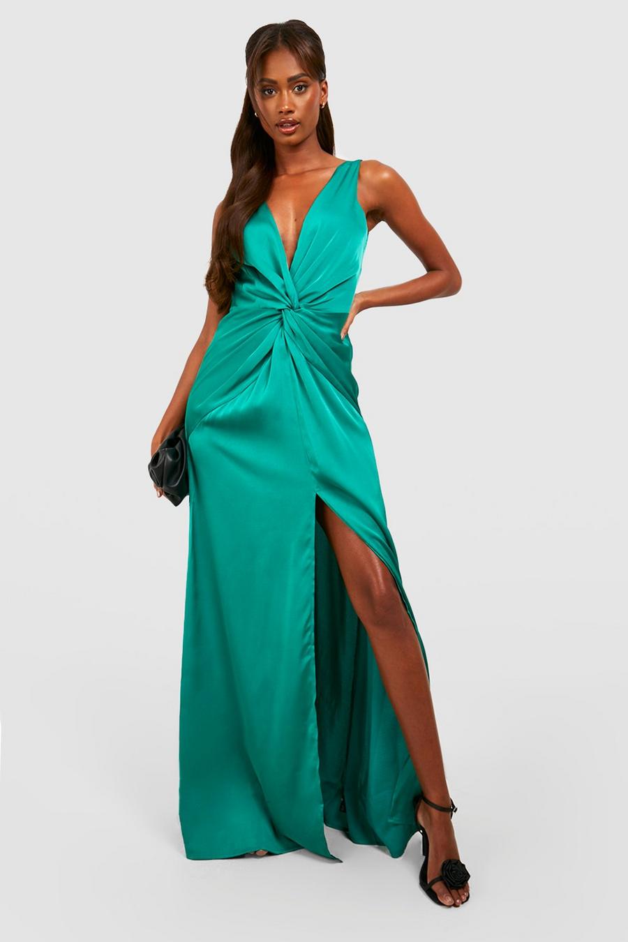 Bright green Satin Twist Detail Split Maxi Dress image number 1