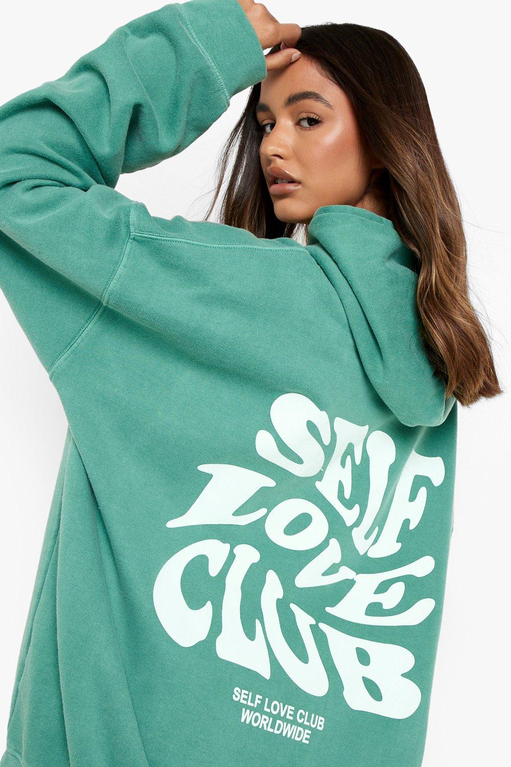 Pink Self Love Club Slogan Puff Print Oversized Hoodie