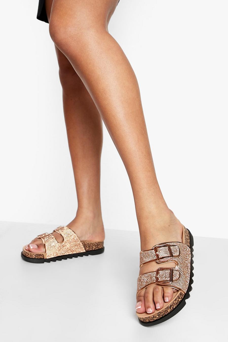 Rose gold metallic Wide Width Diamante Double Buckle Footbed