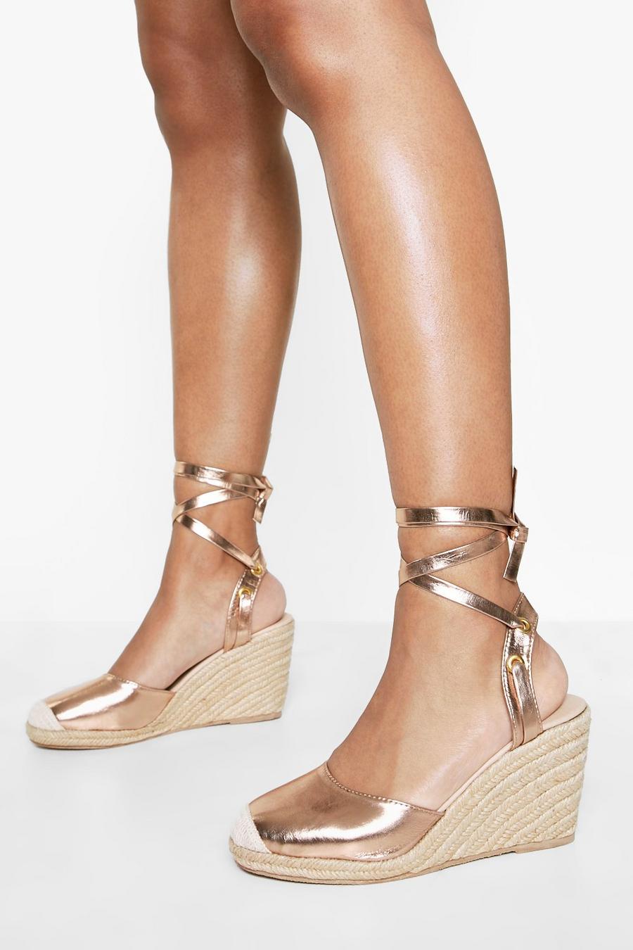 Rose gold metálicos Wide Fit Wrap Up Espadrille Wedges