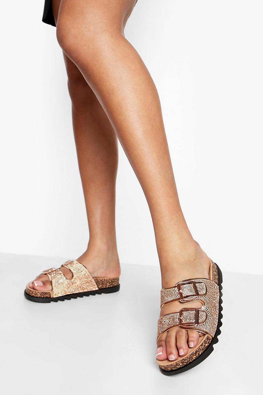 Rose gold Diamante Double Buckle Footbed Sandal image number 1