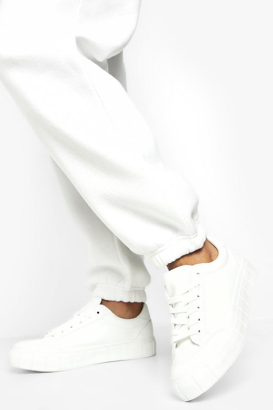 White Ribbed Sole Flat Trainer image number 1