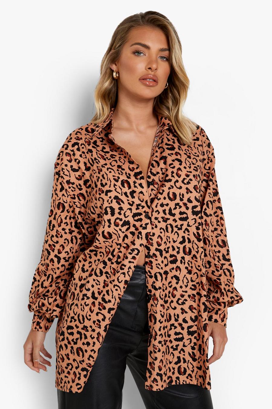 Brown Leopard Cotton Poplin Oversized Shirt image number 1