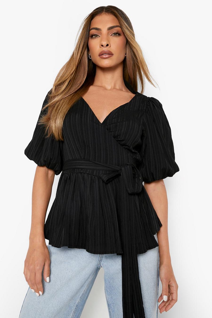 Black Textured Puff Sleeve Wrap Top image number 1