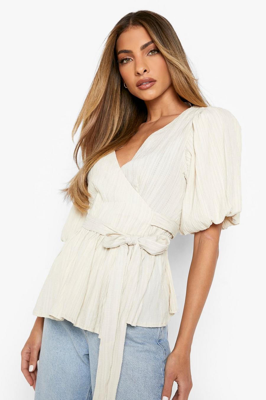 Stone Textured Puff Sleeve Wrap Top image number 1