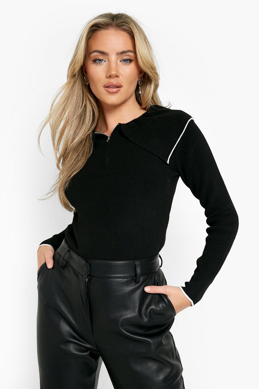 Maglione con colletto ampio con zip e righe a contrasto, Black nero