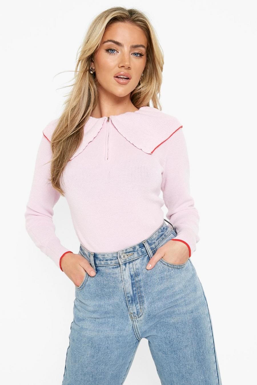 Maglione con colletto ampio con zip e righe a contrasto, Pink image number 1