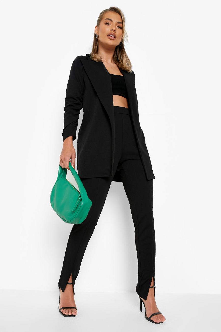 Black Ruched Sleeve Blazer & Split Hem Trouser Suit image number 1