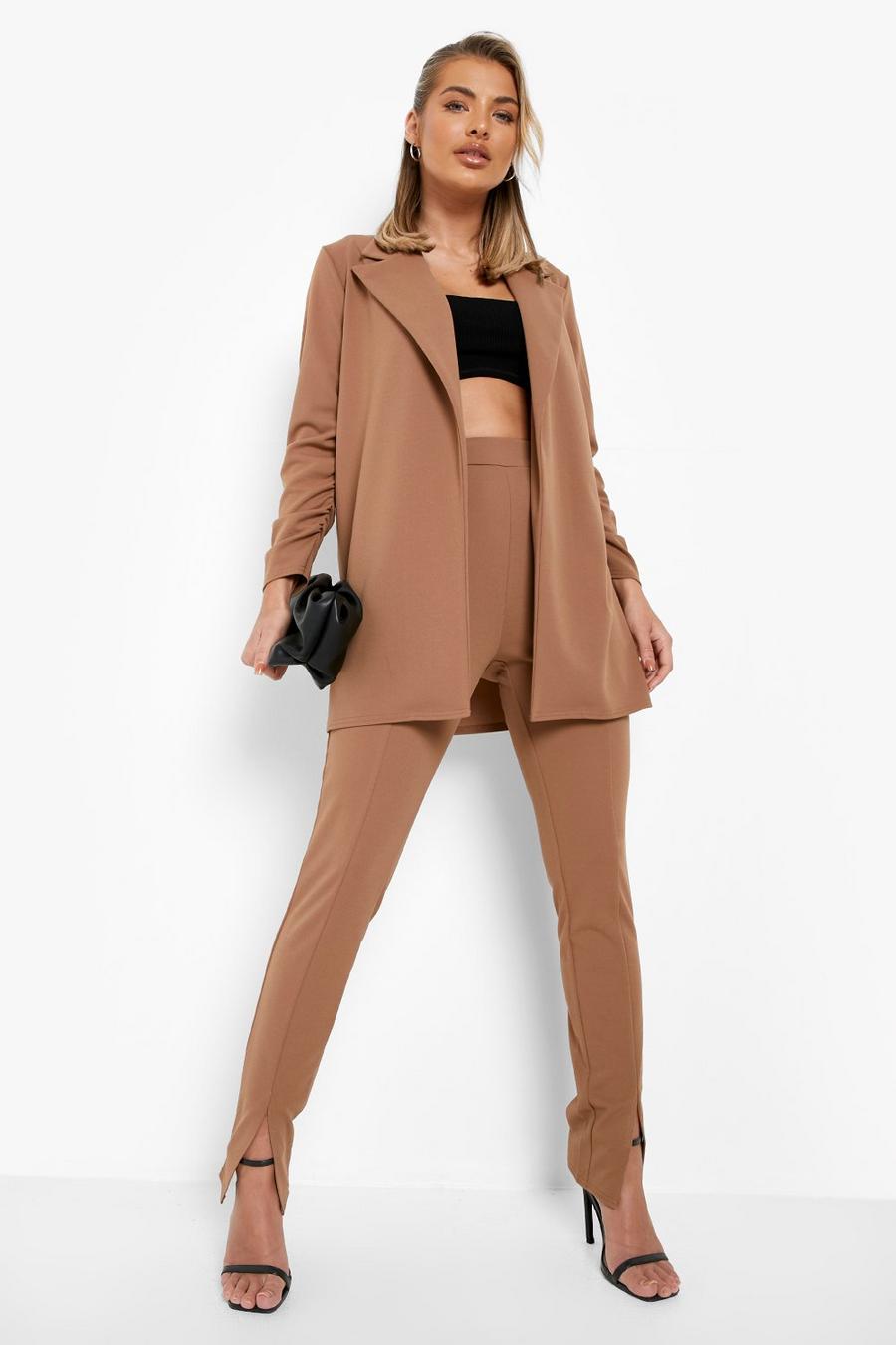Camel Ruched Sleeve Blazer & Split Hem Pants Suit image number 1