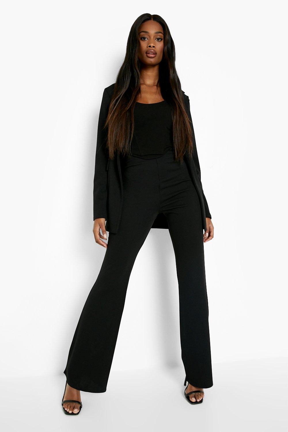 Stretch Plunge Fitted Blazer Flared Trouser Suit boohoo