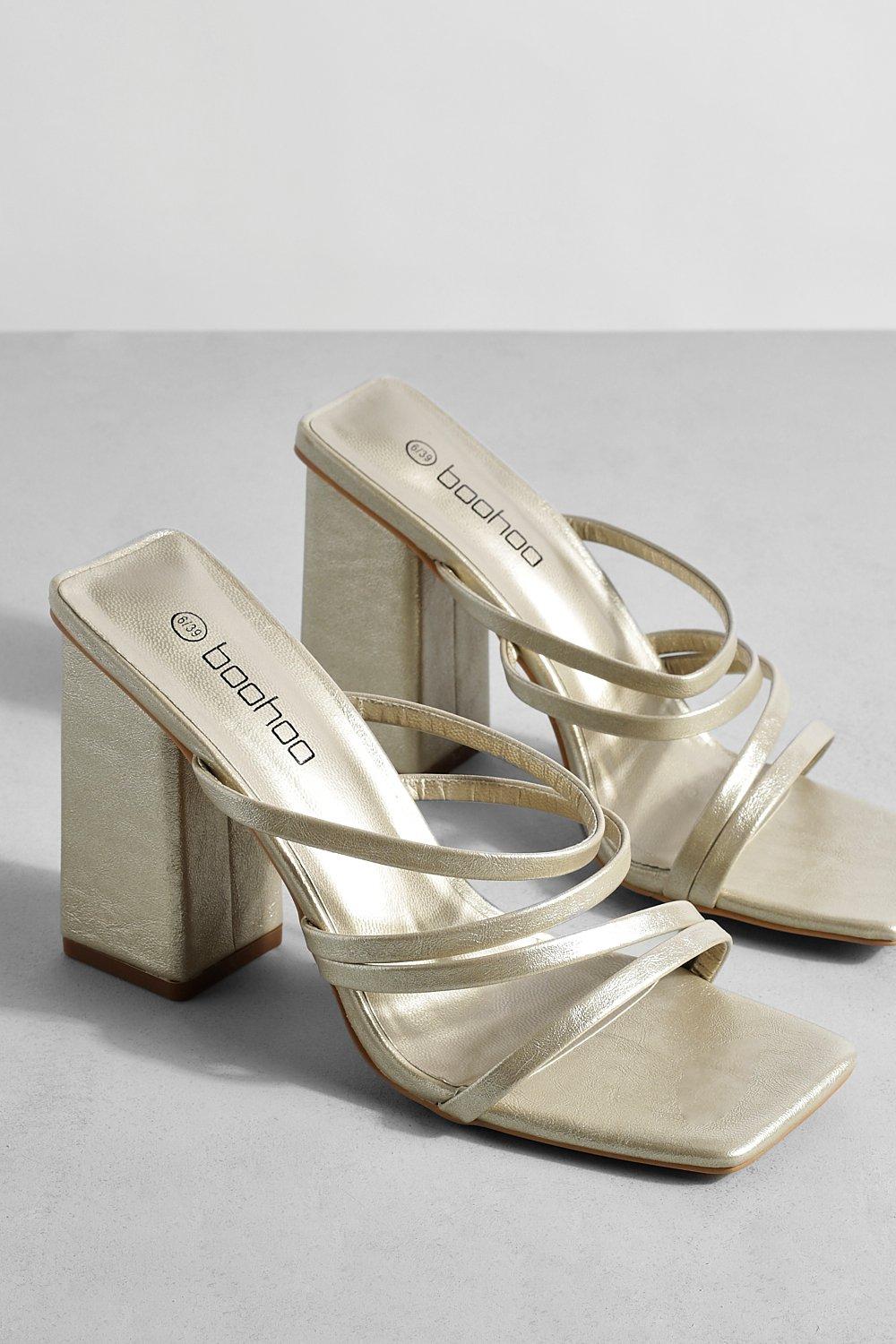 Asymmetric Metallic Strappy Block Heel Mule