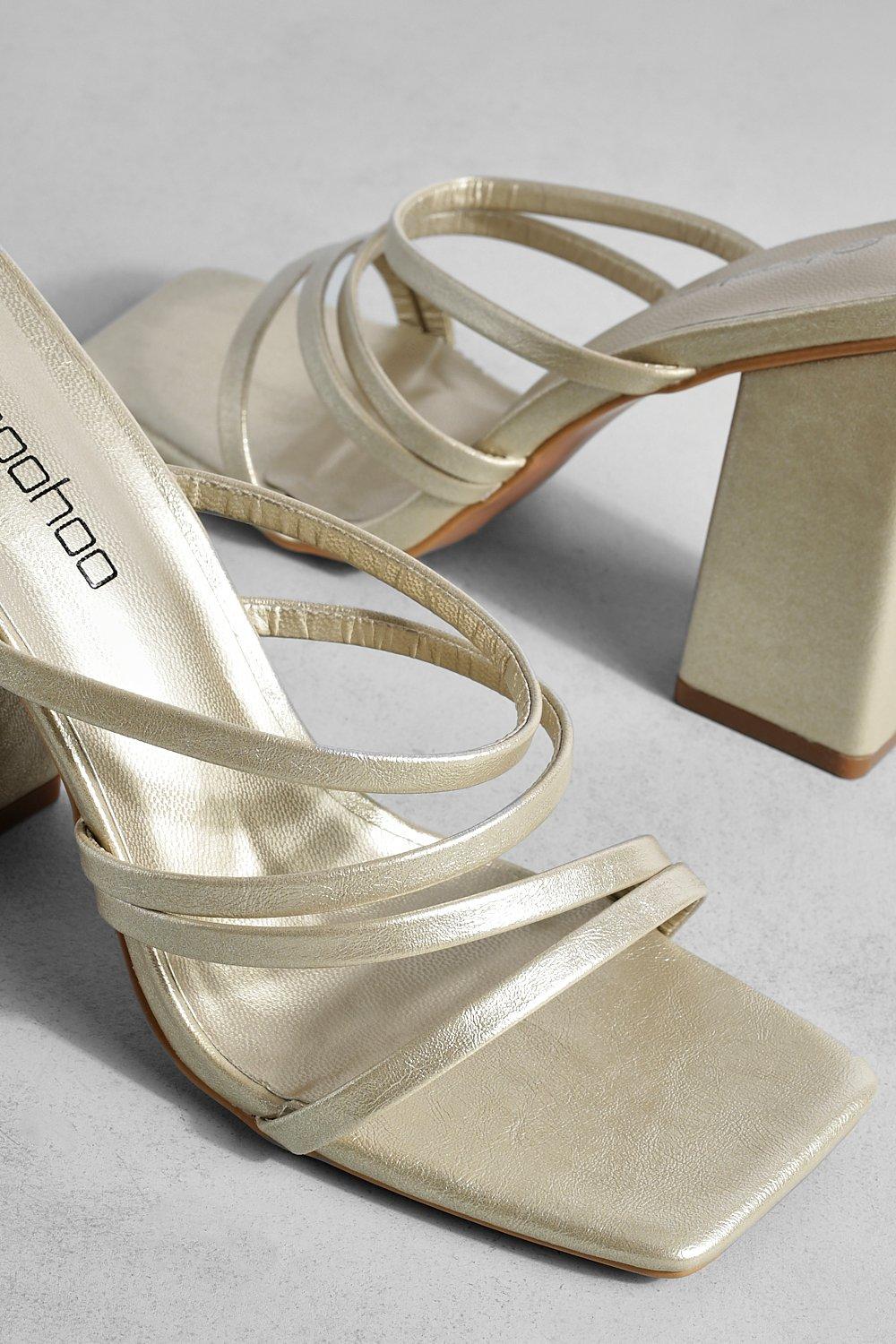 Asymmetric Metallic Strappy Block Heel Mule