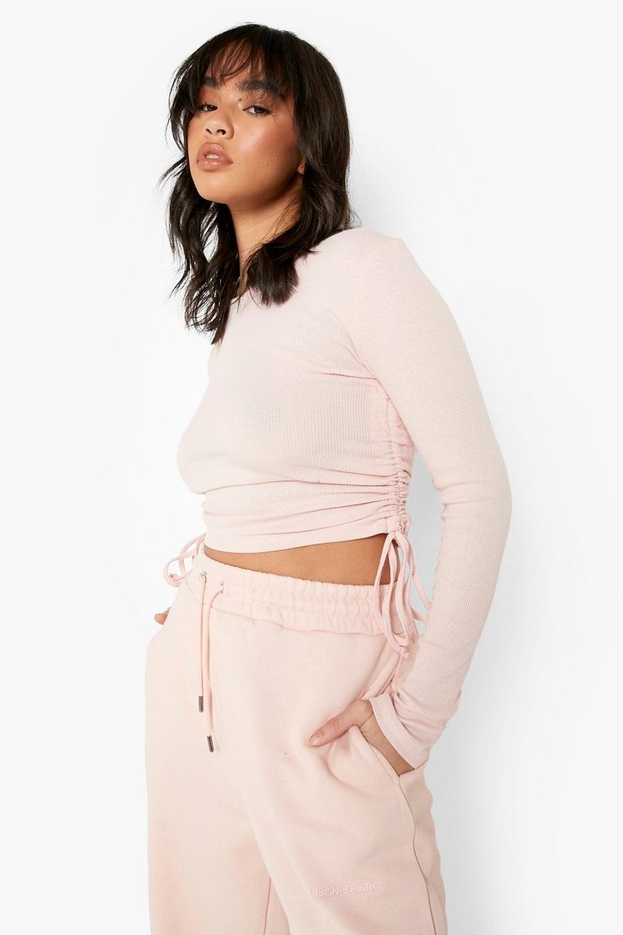 Blush Side Ruched Long Sleeve Rib Crop Top image number 1