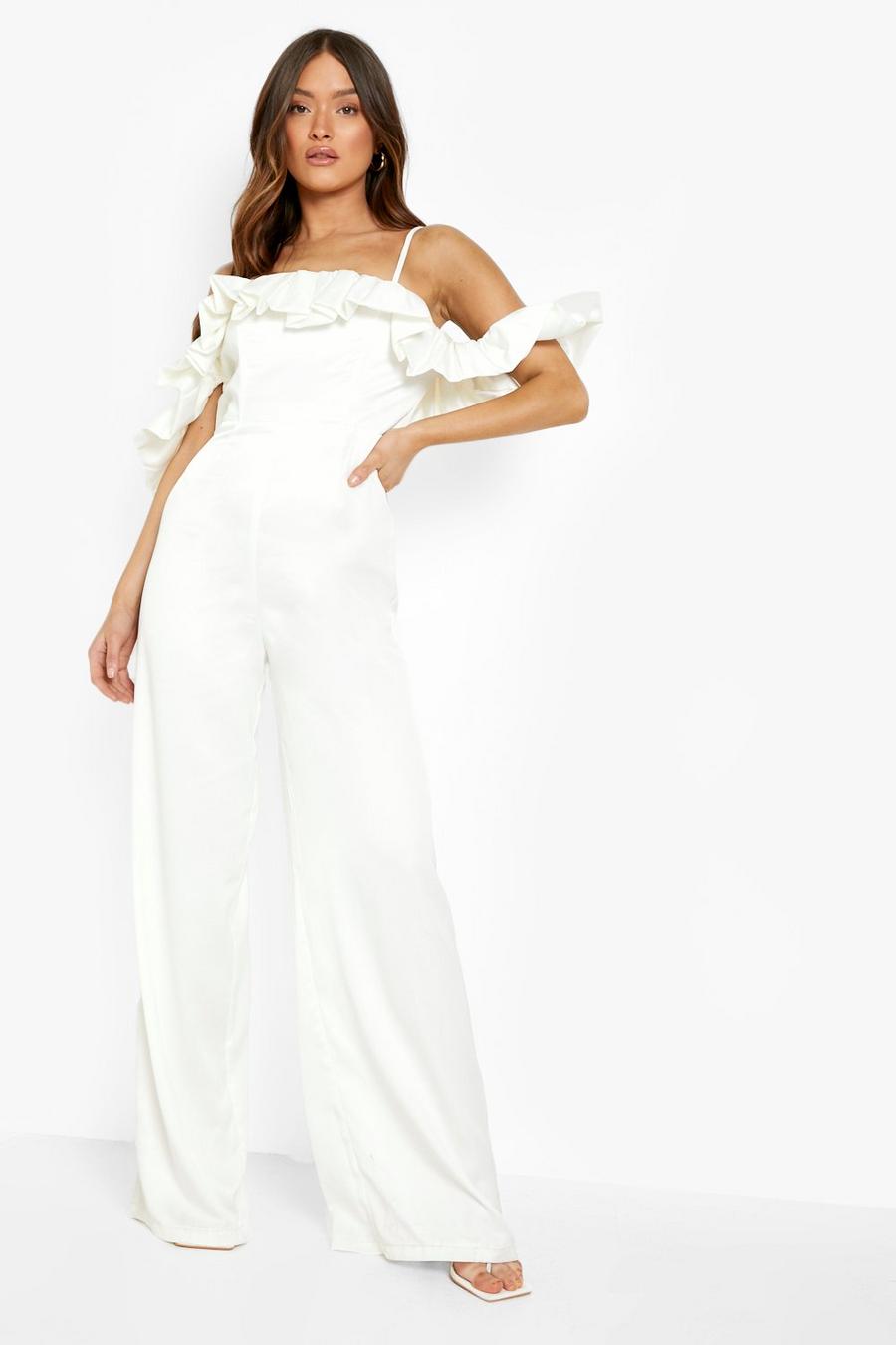 Ivory white Ruffle Cold Shoulder Wide Leg Jumpsuit