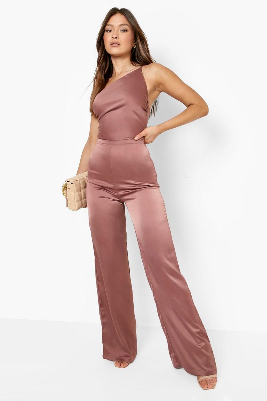 Asymmetrischer Satin-Jumpsuit mit weitem Bein, Mauve