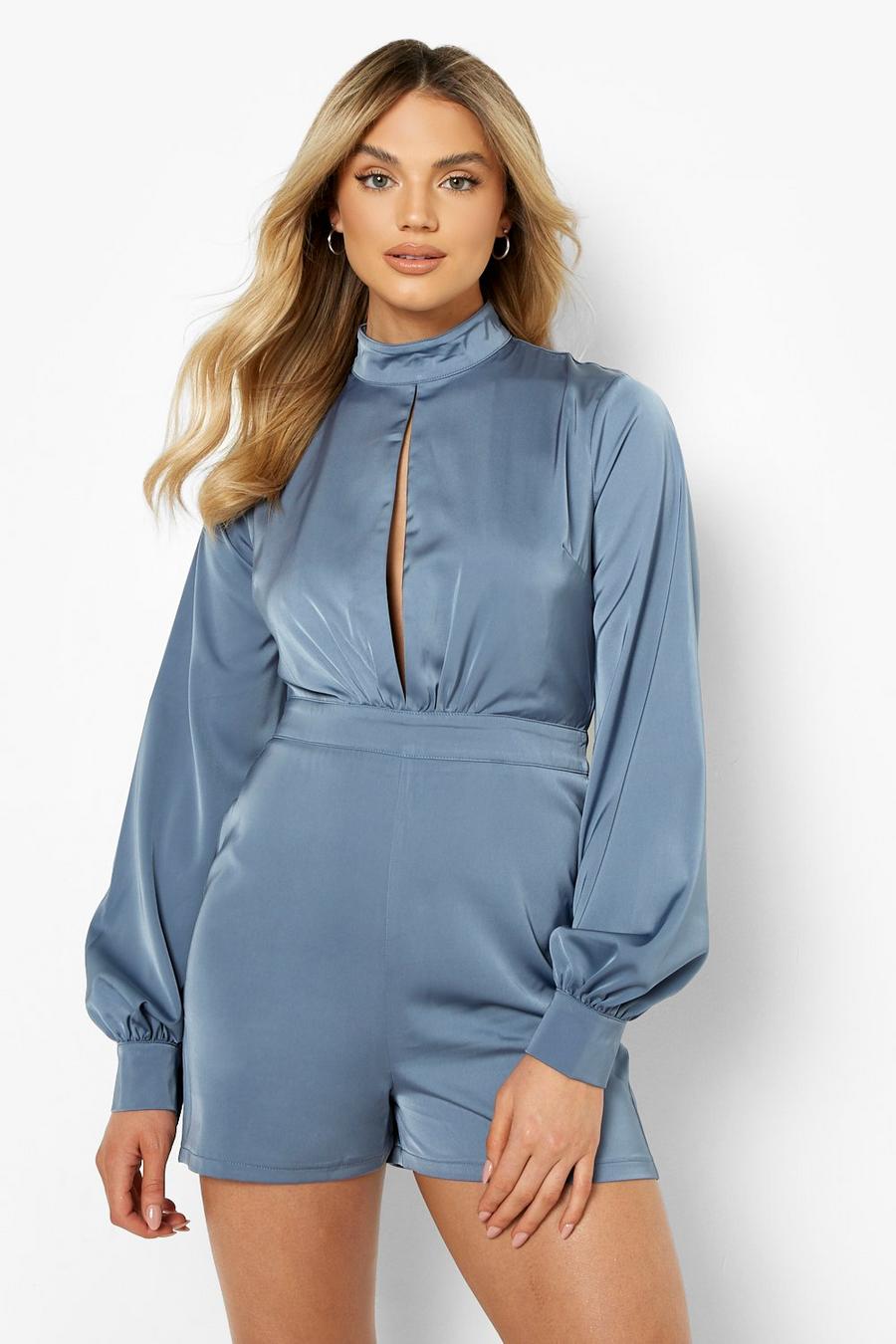 Dusty blue Satin Balloon Sleeve High Neck Playsuit image number 1