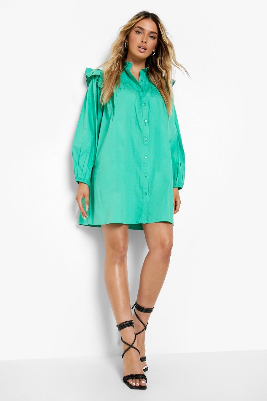 Green Cotton Ruffle Detail Smock Shirt Dress image number 1