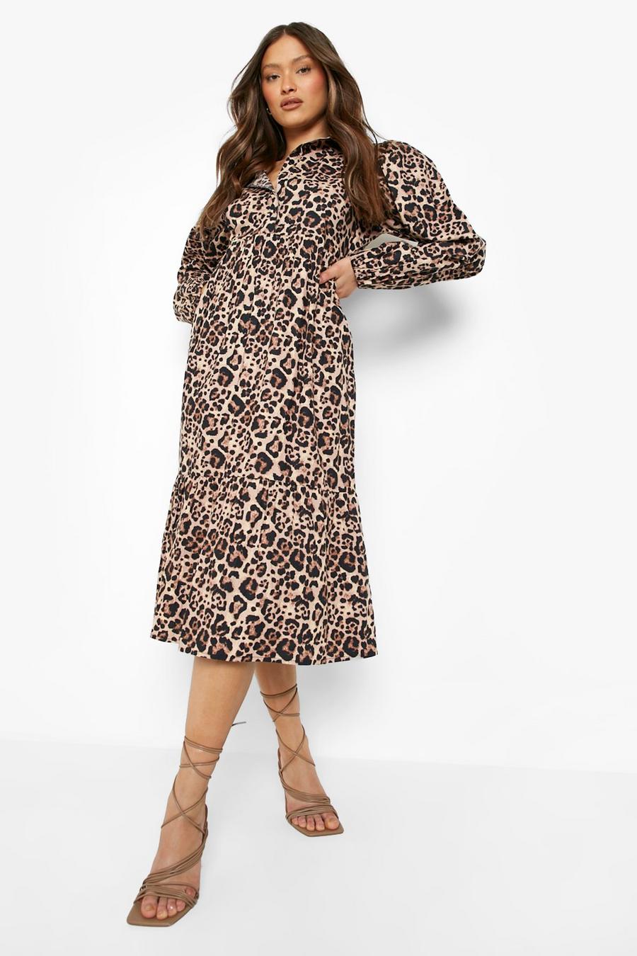 Brown Leopard Cotton Tiered Midi Smock Dress image number 1